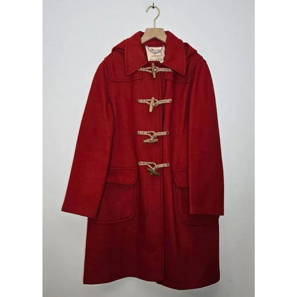 Vintage Original Duffer Coat Size 14 Wool Red Hood Winter Heavy
